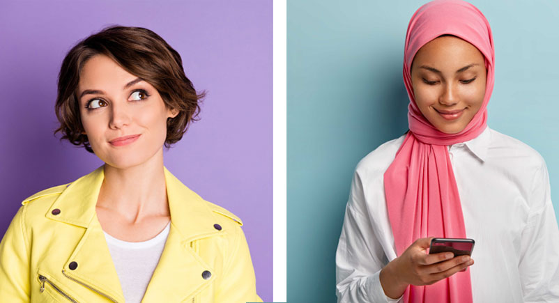 collage of three young people photographed against bright coloured studio backgrounds