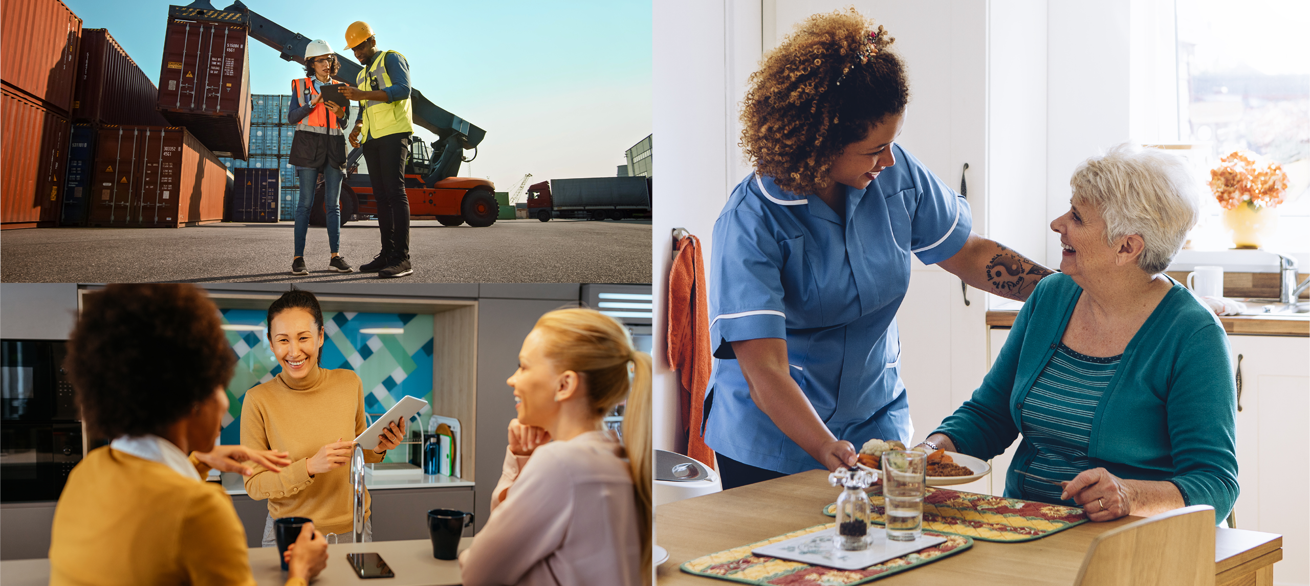 Collage of a man and woman in hard hats at a container yard, three women chatting in an office kitchen and a carer nurse looking after an older woman